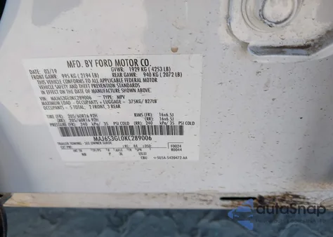 2019 Ford Ecosport Se из США, поврежденный, VIN MAJ6S3GL0KC289006